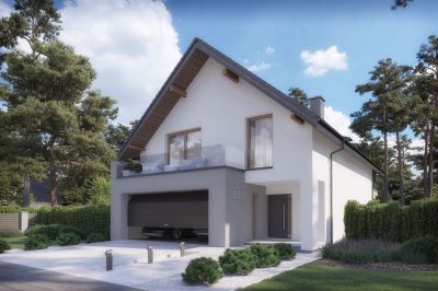 Proiect 152 — randare a casei: casă modernă tip hambar cu garaj integrat, balcon și 3 dormitoare