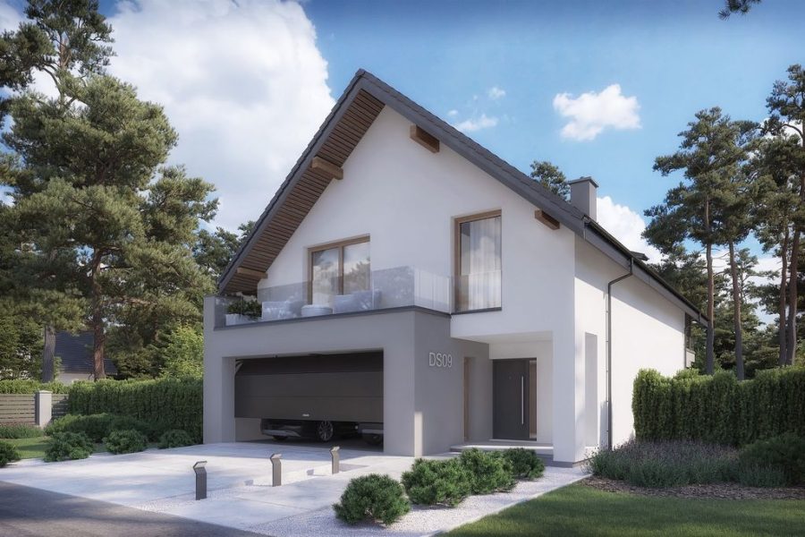 Proiect 152 — randare a casei: casă modernă tip hambar cu garaj integrat, balcon și 3 dormitoare