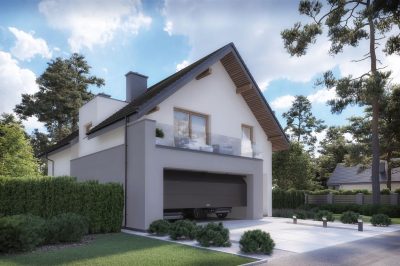 Proiect 152 — randare a casei: casă modernă tip hambar cu garaj integrat, balcon și 3 dormitoare