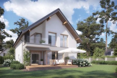 Proiect 152 — randare a casei: casă modernă tip hambar cu garaj integrat, balcon și 3 dormitoare