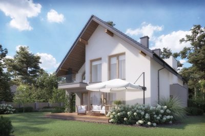 Proiect 152 — randare a casei: casă modernă tip hambar cu garaj integrat, balcon și 3 dormitoare