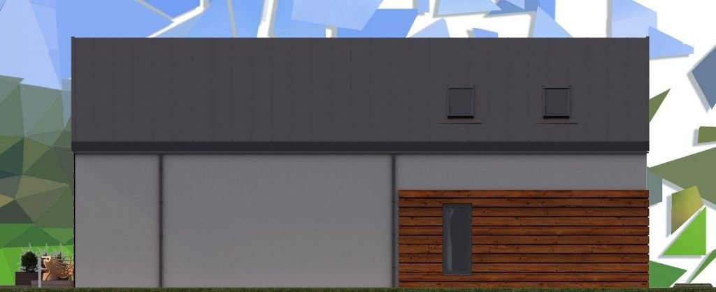 Proiect 153 — fațade: casă modernă tip hambar cu living open-space, garaj și terasă