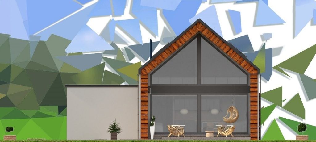 Proiect 153 — fațade: casă modernă tip hambar cu living open-space, garaj și terasă