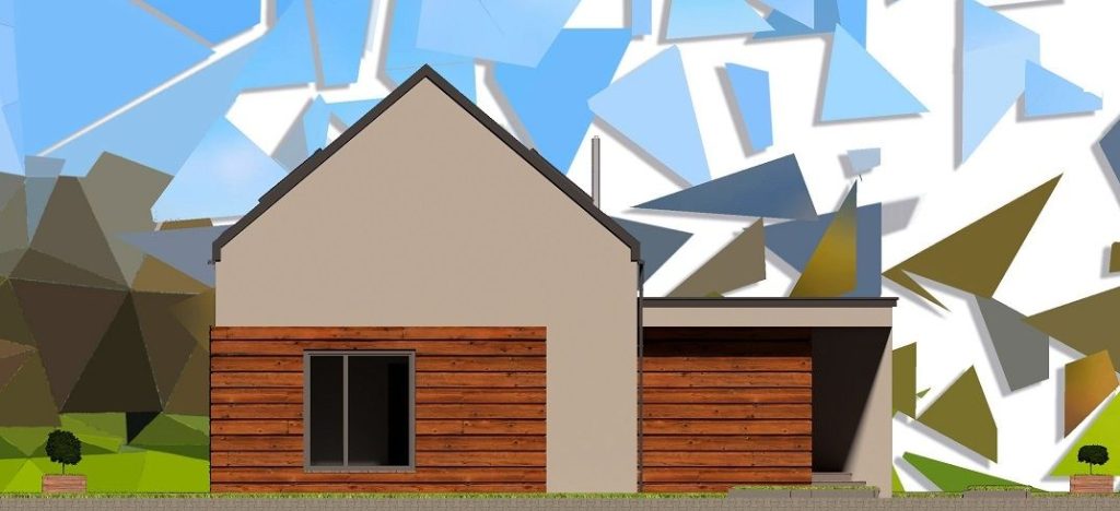Proiect 153 — fațade: casă modernă tip hambar cu living open-space, garaj și terasă