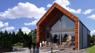 Proiect 153 — randare a casei: casă modernă tip hambar cu living open-space, garaj și terasă
