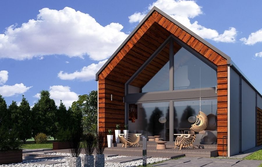Proiect 153 — randare a casei: casă modernă tip hambar cu living open-space, garaj și terasă