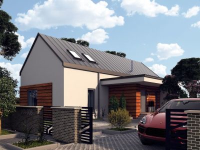 Proiect 153 — randare a casei: casă modernă tip hambar cu living open-space, garaj și terasă