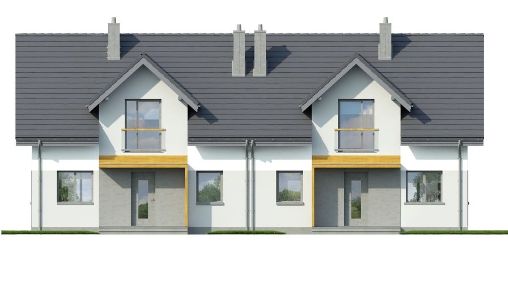 Proiect 154 — fațade: casă modernă înșiruită (duplex) cu etaj, 6 dormitoare și balcoane