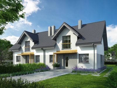 Proiect 154 — randare a casei: casă modernă înșiruită (duplex) cu etaj, 6 dormitoare și balcoane