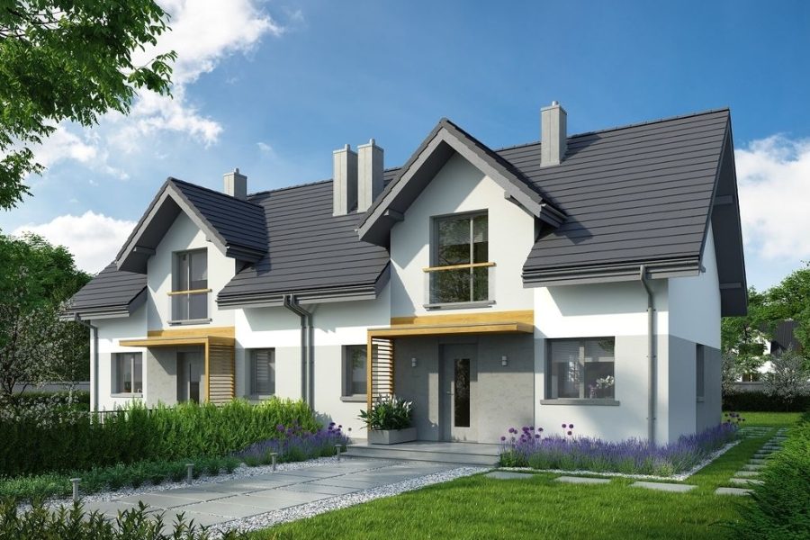 Proiect 154 — randare a casei: casă modernă înșiruită (duplex) cu etaj, 6 dormitoare și balcoane