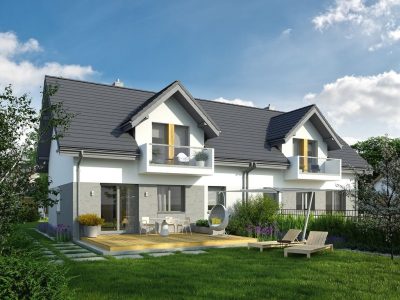 Proiect 154 — randare a casei: casă modernă înșiruită (duplex) cu etaj, 6 dormitoare și balcoane
