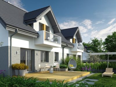 Proiect 154 — randare a casei: casă modernă înșiruită (duplex) cu etaj, 6 dormitoare și balcoane