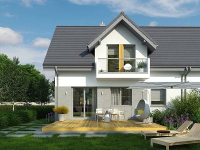 Proiect 154 — randare a casei: casă modernă înșiruită (duplex) cu etaj, 6 dormitoare și balcoane