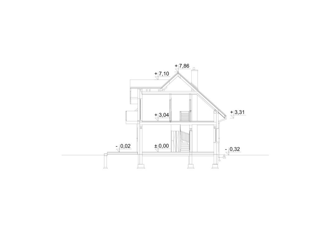 Proiect 154 — secțiune: casă modernă înșiruită (duplex) cu etaj, 6 dormitoare și balcoane