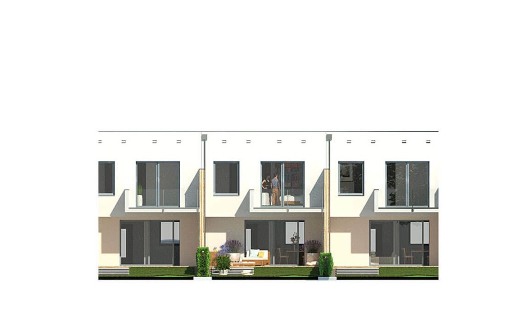 Proiect 155 — fațade: casă modernă înșiruită cu etaj, 3 dormitoare și balcon