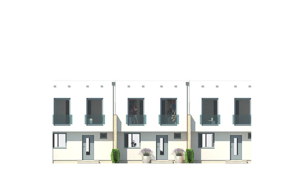 Proiect 155 — fațade: casă modernă înșiruită cu etaj, 3 dormitoare și balcon
