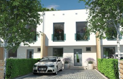 Proiect 155 — randare a casei: casă modernă înșiruită cu etaj, 3 dormitoare și balcon