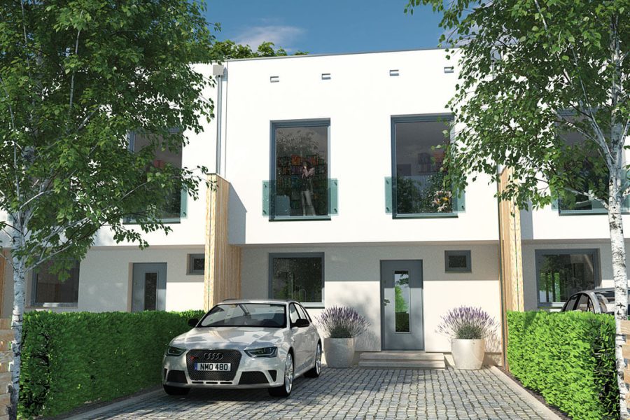 Proiect 155 — randare a casei: casă modernă înșiruită cu etaj, 3 dormitoare și balcon