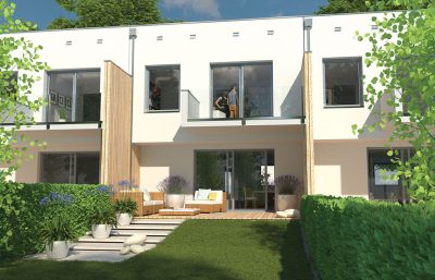 Proiect 155 — randare a casei: casă modernă înșiruită cu etaj, 3 dormitoare și balcon