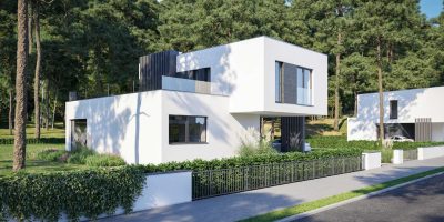 Proiect 156 — randare a casei: casă modernă înșiruită cu etaj, 3 dormitoare și parcare