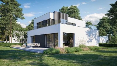 Proiect 156 — randare a casei: casă modernă înșiruită cu etaj, 3 dormitoare și parcare