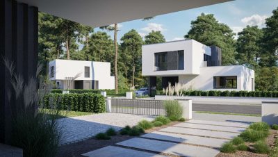 Proiect 156 — randare a casei: casă modernă înșiruită cu etaj, 3 dormitoare și parcare