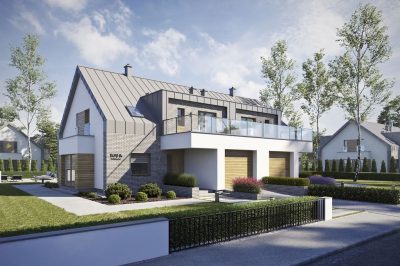 Proiect 157 — randare a casei: casă modernă înșiruită cu etaj, 6 dormitoare, balcon și garaj