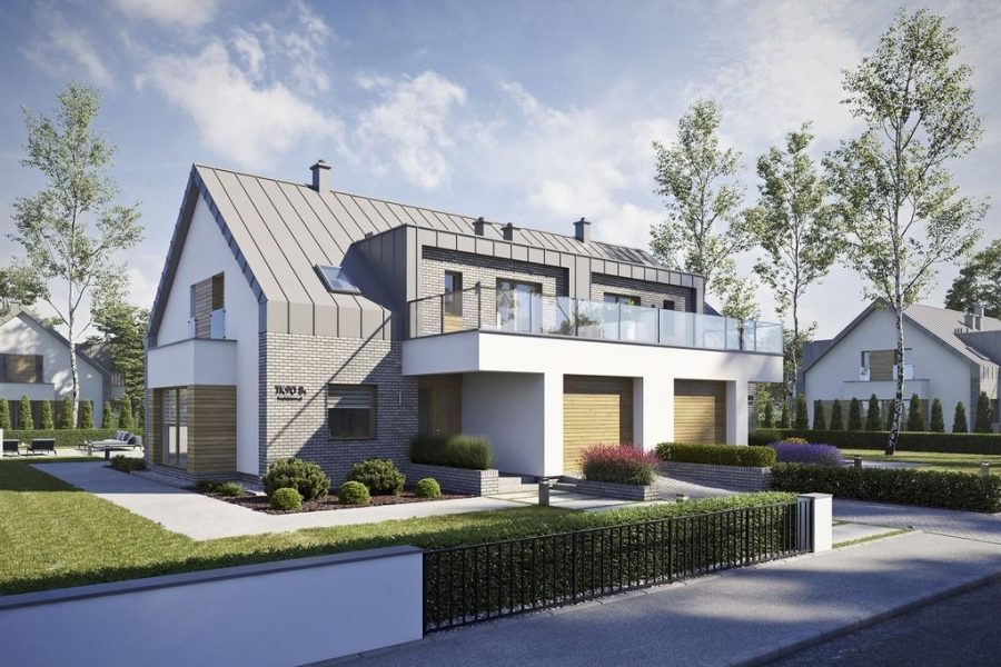 Proiect 157 — randare a casei: casă modernă înșiruită cu etaj, 6 dormitoare, balcon și garaj