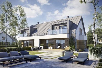 Proiect 157 — randare a casei: casă modernă înșiruită cu etaj, 6 dormitoare, balcon și garaj
