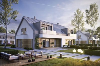 Proiect 157 — randare a casei: casă modernă înșiruită cu etaj, 6 dormitoare, balcon și garaj