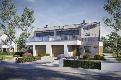 Proiect 157 — randare a casei: casă modernă înșiruită cu etaj, 6 dormitoare, balcon și garaj