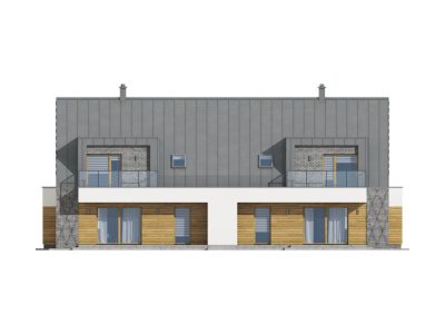 Proiect 157 — randare a casei: casă modernă înșiruită cu etaj, 6 dormitoare, balcon și garaj