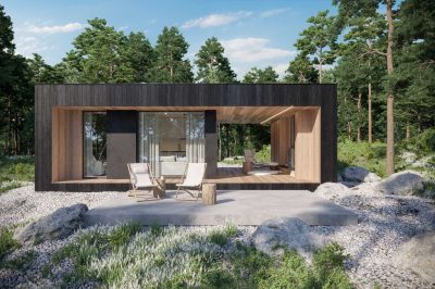 Proiect 158 — randare a casei: casă modulară tip container, 1 dormitor, terasă și living open-space