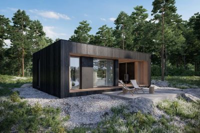 Proiect 158 — randare a casei: casă modulară tip container, 1 dormitor, terasă și living open-space