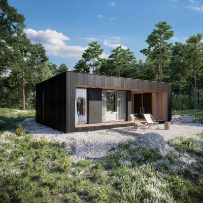 Proiect 158 — randare a casei: casă modulară tip container, 1 dormitor, terasă și living open-space