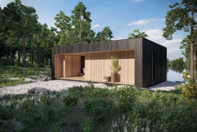 Proiect 158 — randare a casei: casă modulară tip container, 1 dormitor, terasă și living open-space