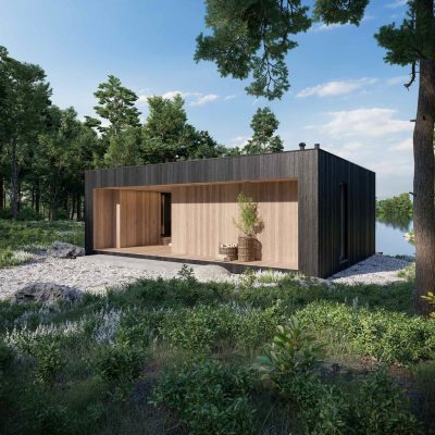 Proiect 158 — randare a casei: casă modulară tip container, 1 dormitor, terasă și living open-space