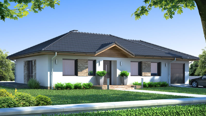 Proiect 159 — randare a casei: casă parter clasică cu 3 dormitoare și piscină