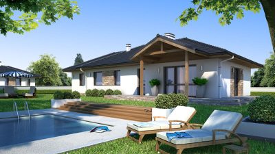 Proiect 159 — randare a casei: casă parter clasică cu 3 dormitoare și piscină