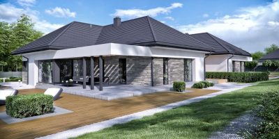 Proiect 160 — randare a casei: casă parter gemene cu acoperiș în patru ape, garaj și terasă