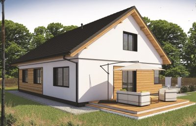 Proiect 161 — randare a casei: casă parter modernă din lemn, 4 dormitoare și terasă acoperită