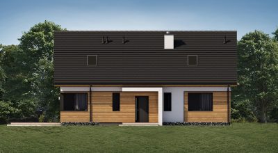 Proiect 161 — randare a casei: casă parter modernă din lemn, 4 dormitoare și terasă acoperită