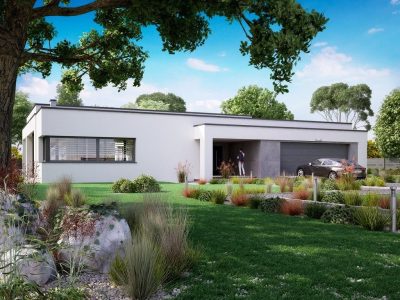 Proiect 162 — randare a casei: casă parter modernă, 3 dormitoare și piscină