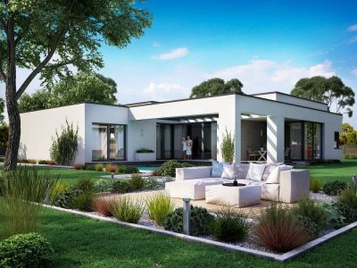 Proiect 162 — randare a casei: casă parter modernă, 3 dormitoare și piscină