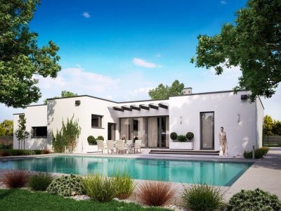 Proiect 162 — randare a casei: casă parter modernă, 3 dormitoare și piscină