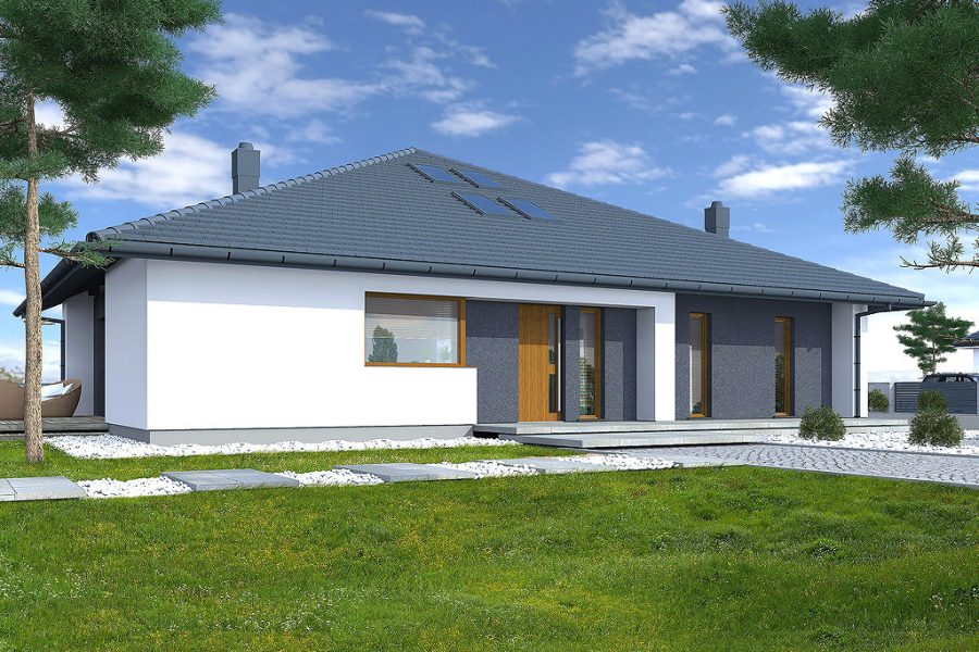 Proiect 163 — randare a casei: casă parter modernă, 3 dormitoare și terasă