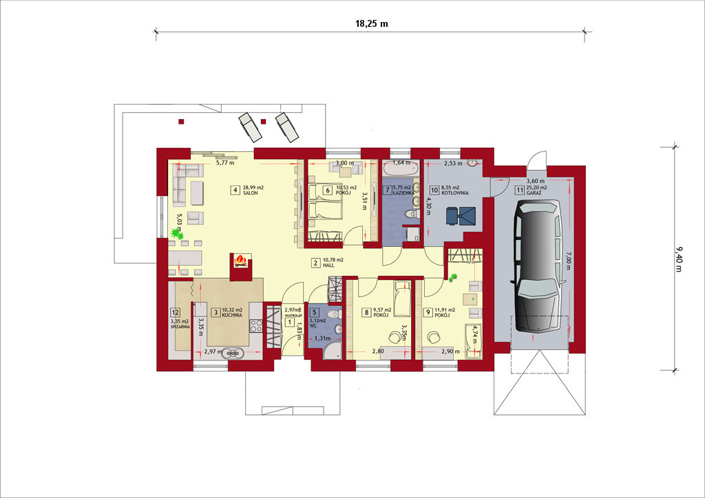 Proiect 164 — plan parter: casă parter modernă, 3 dormitoare, garaj și terasă