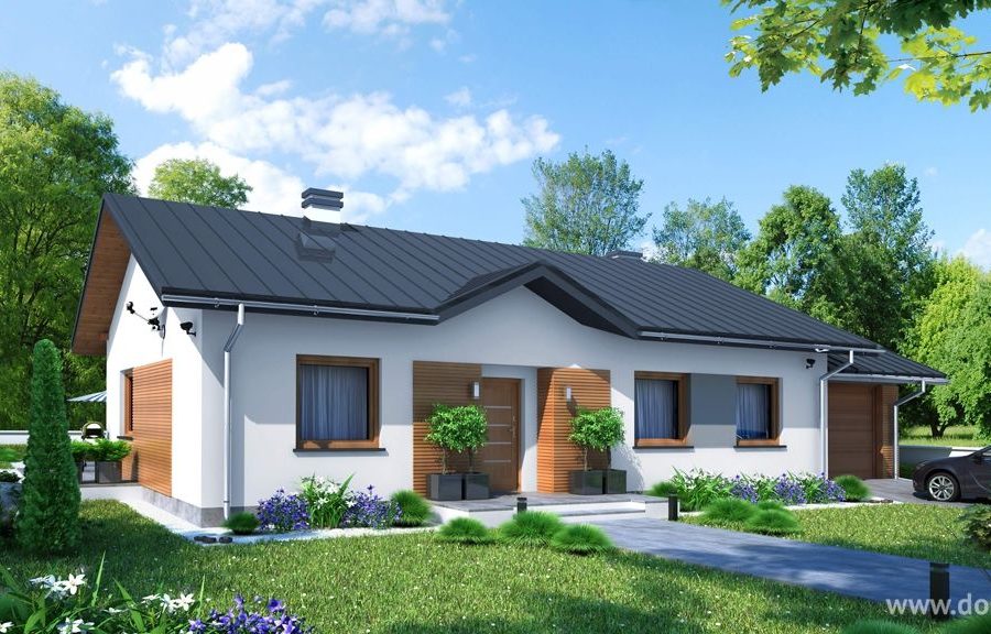 Proiect 164 — randare a casei: casă parter modernă, 3 dormitoare, garaj și terasă