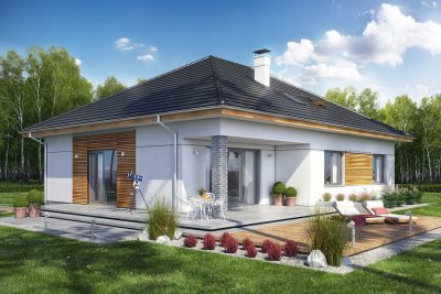 Proiect 166 — randare a casei: casă parter, 3 dormitoare, garaj dublu și terasă