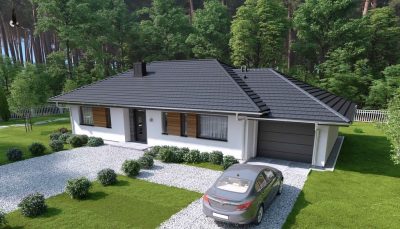 Proiect 167 — randare a casei: casă parter, 3 dormitoare, garaj și terasă